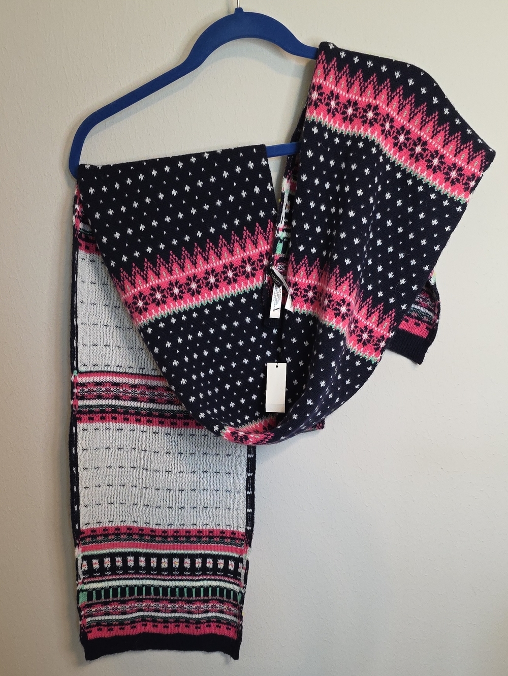 Talbots Navy Sweater Scarf with Hot Pink Fair Isle Accents